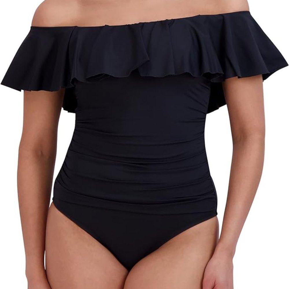 BCBGMAXAZRIA Womens Standard One Piece Swimsuit Off The Shoulder Sz L/G BL3SD15